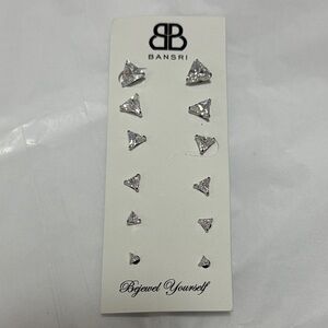Bansri Set of 6 Silver Triangle Stud Earrings with Clear Stone